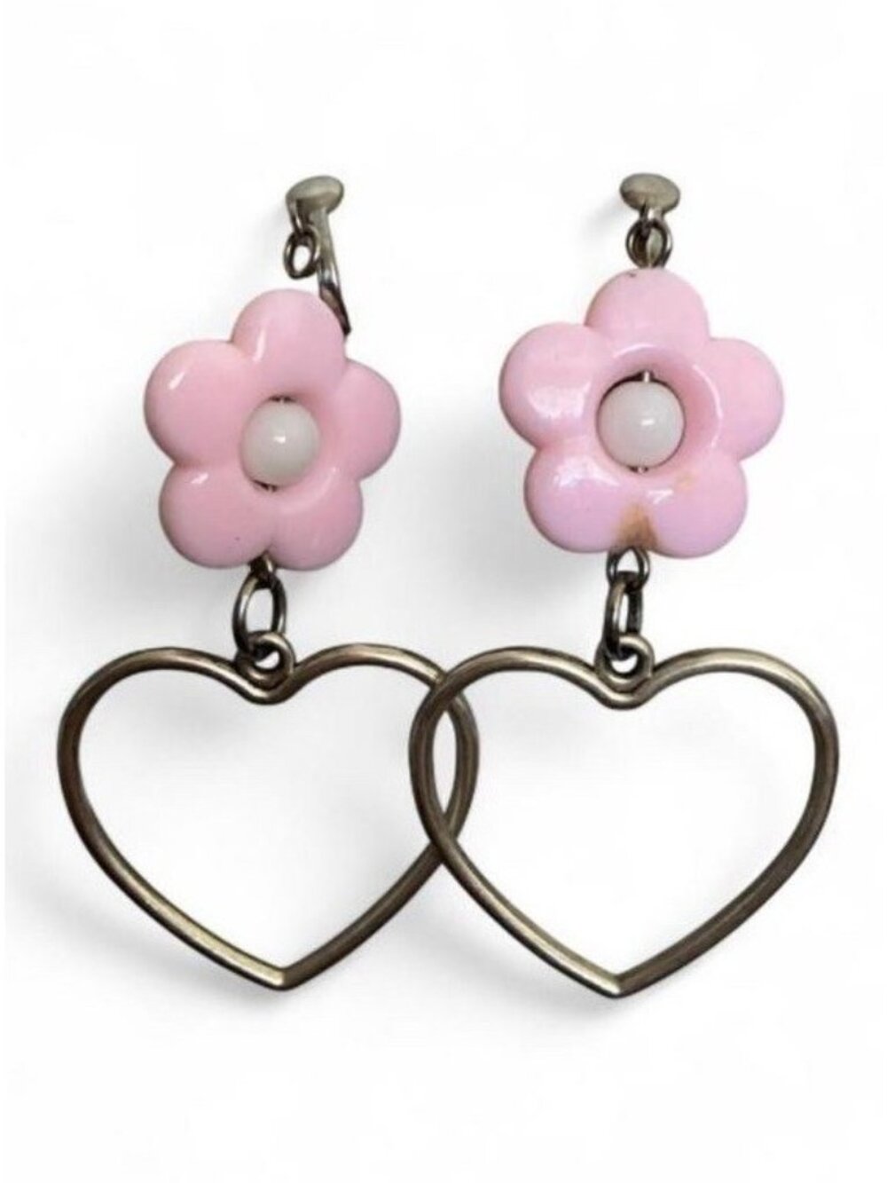 Pink Flower Heart Drop Clip On Earrings Silver Tone